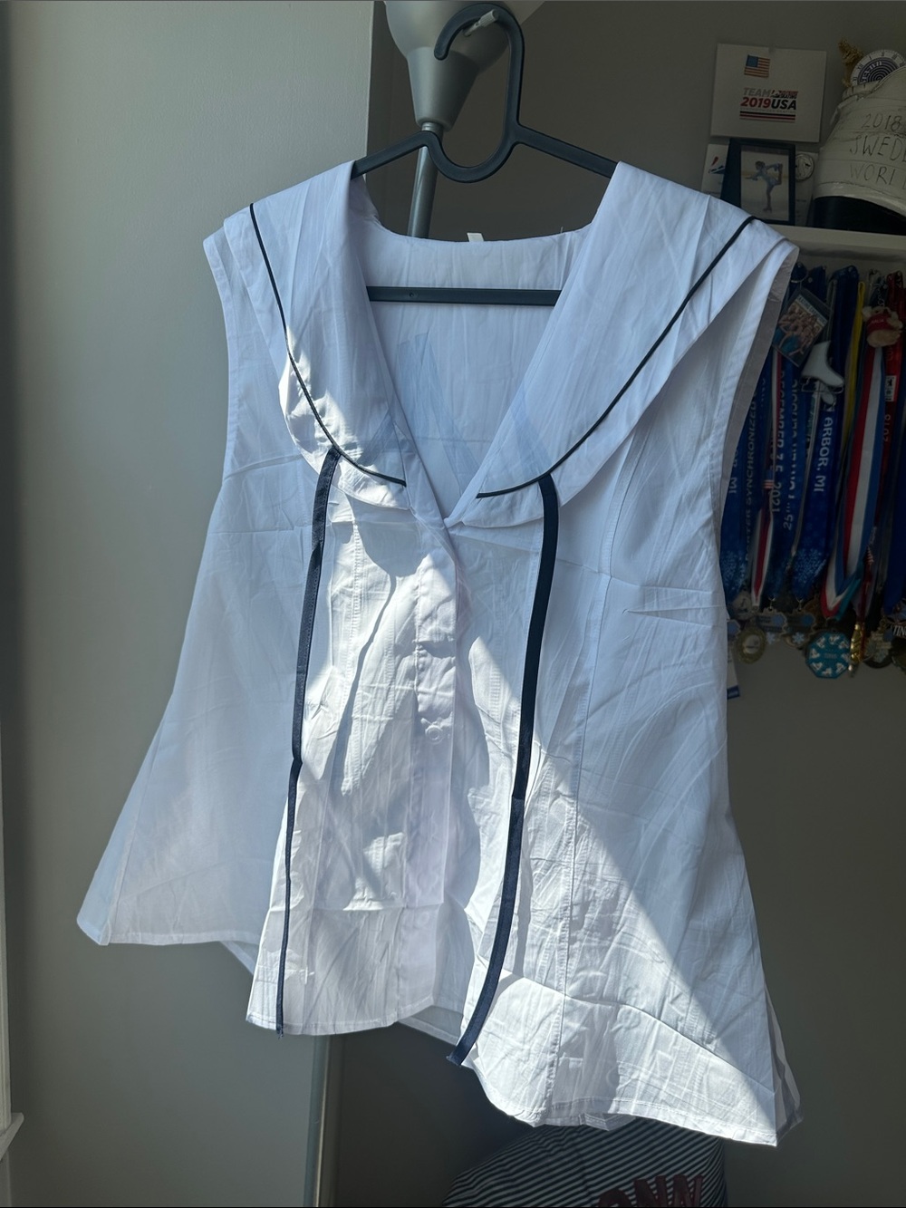 Amazon Women's White Sailor Collar Tie-Front Blouse with Navy Trim